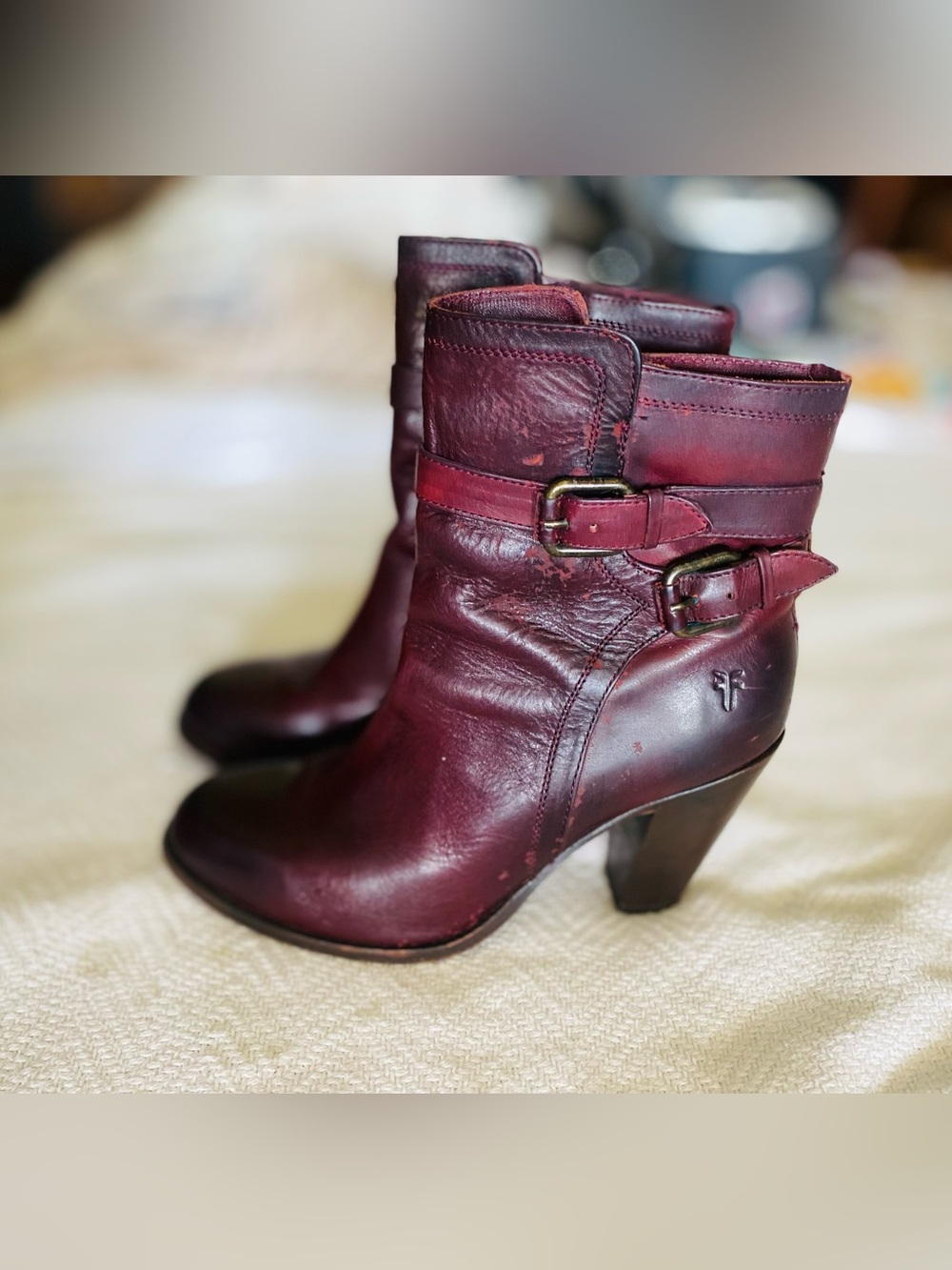 Frye Wine Leather Buckle Heel Ankle Boots